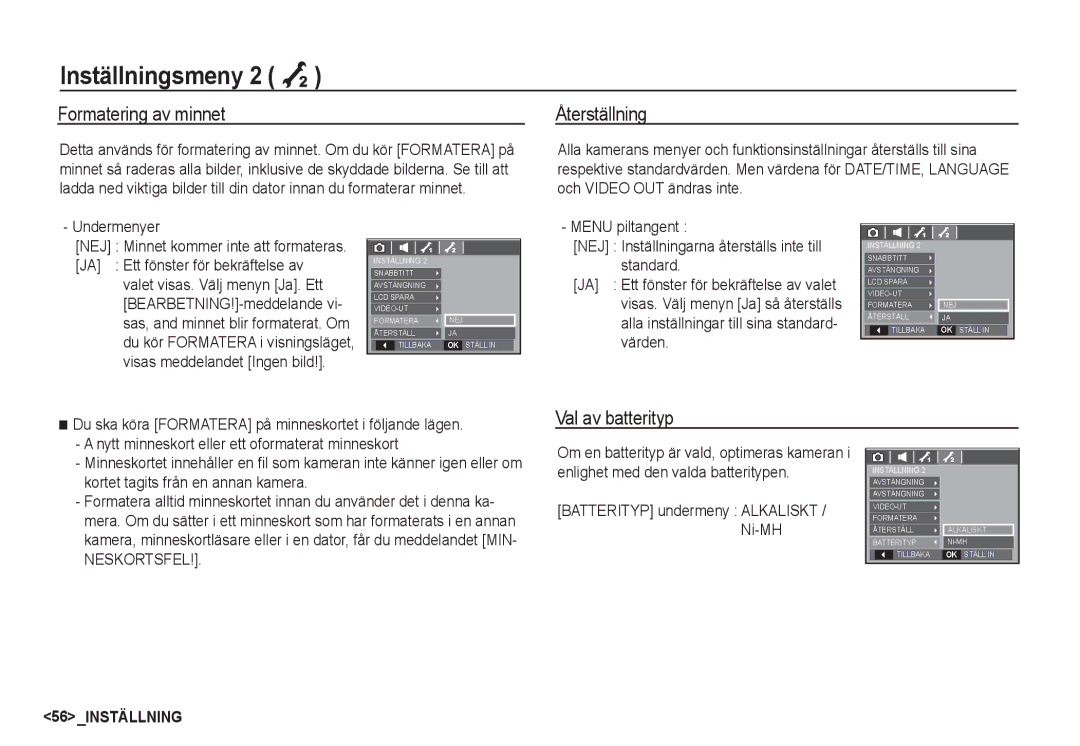 Samsung EC-S85ZZSBA/E2 Formatering av minnet, Återställning, Val av batterityp, NEJ Minnet kommer inte att formateras 