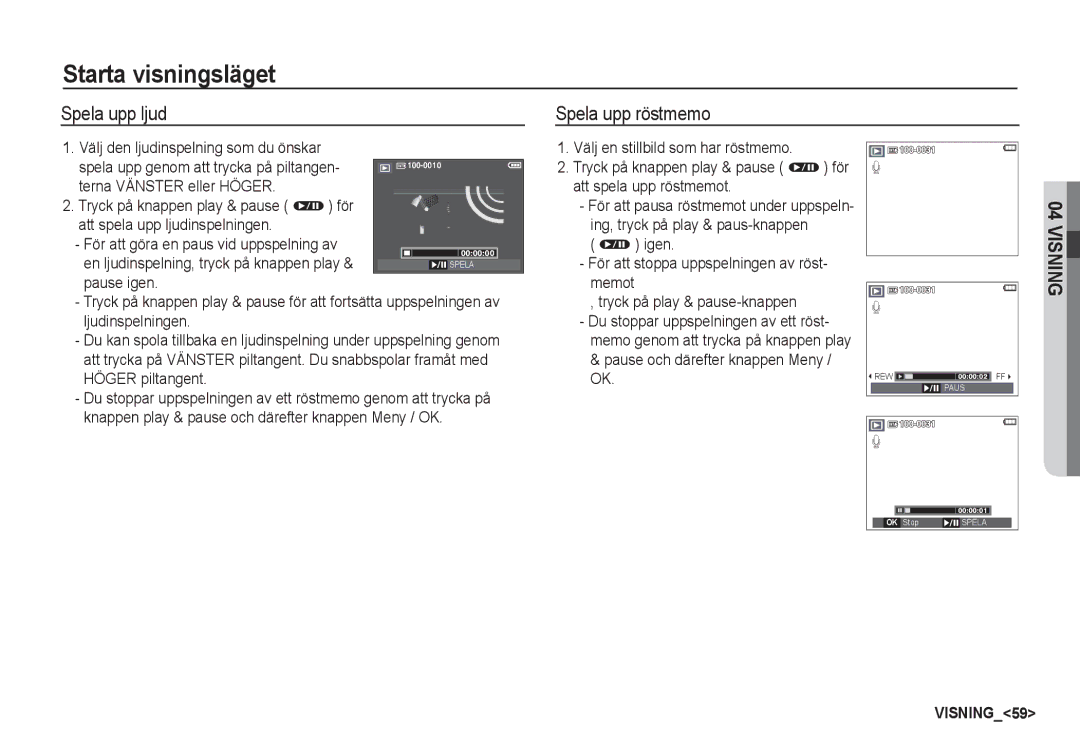 Samsung EC-S85ZZBBA/E2, EC-S85ZZSBA/E2 manual Spela upp ljud Spela upp röstmemo 