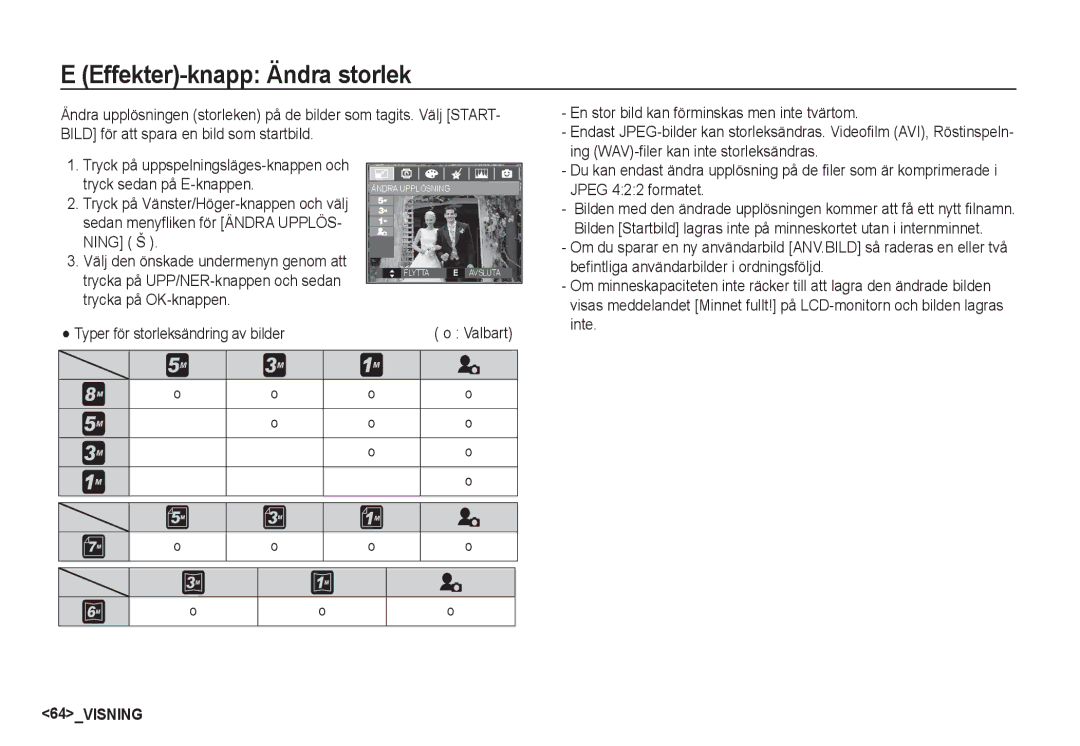 Samsung EC-S85ZZSBA/E2, EC-S85ZZBBA/E2 manual Effekter-knapp Ändra storlek 