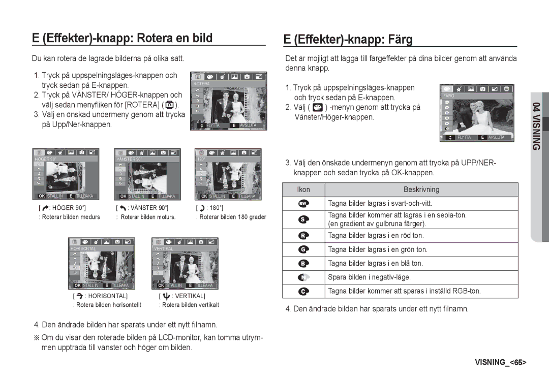 Samsung EC-S85ZZBBA/E2, EC-S85ZZSBA/E2 manual Effekter-knapp Rotera en bild, Du kan rotera de lagrade bilderna på olika sätt 