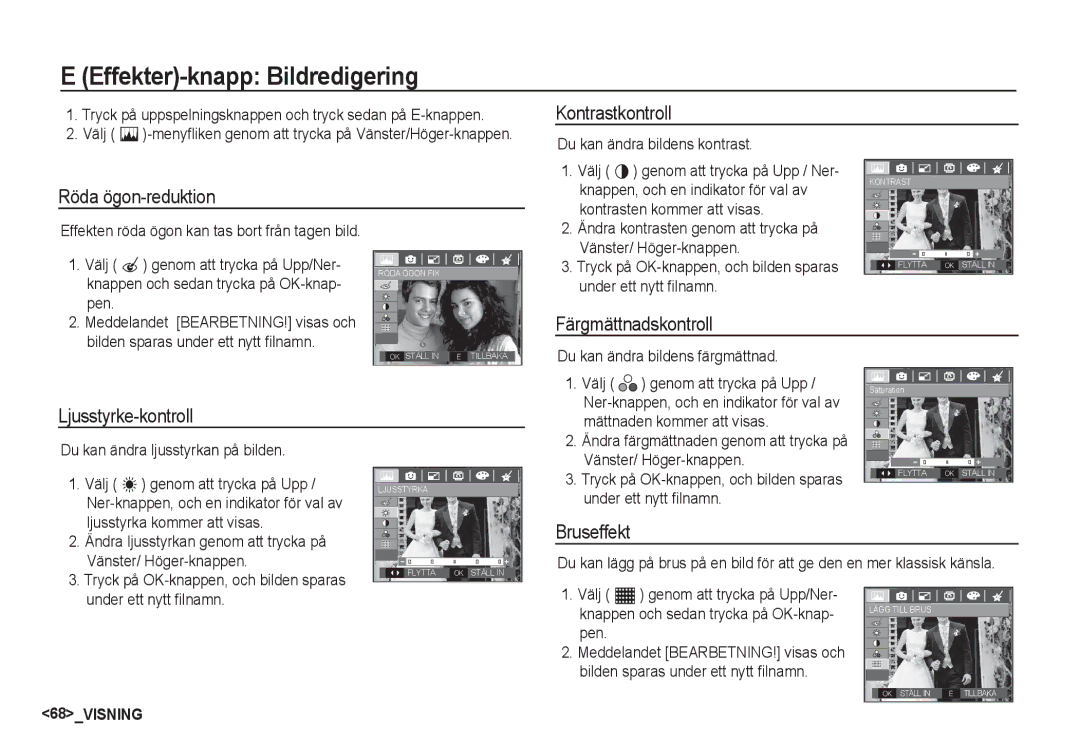 Samsung EC-S85ZZSBA/E2, EC-S85ZZBBA/E2 manual Effekter-knapp Bildredigering 