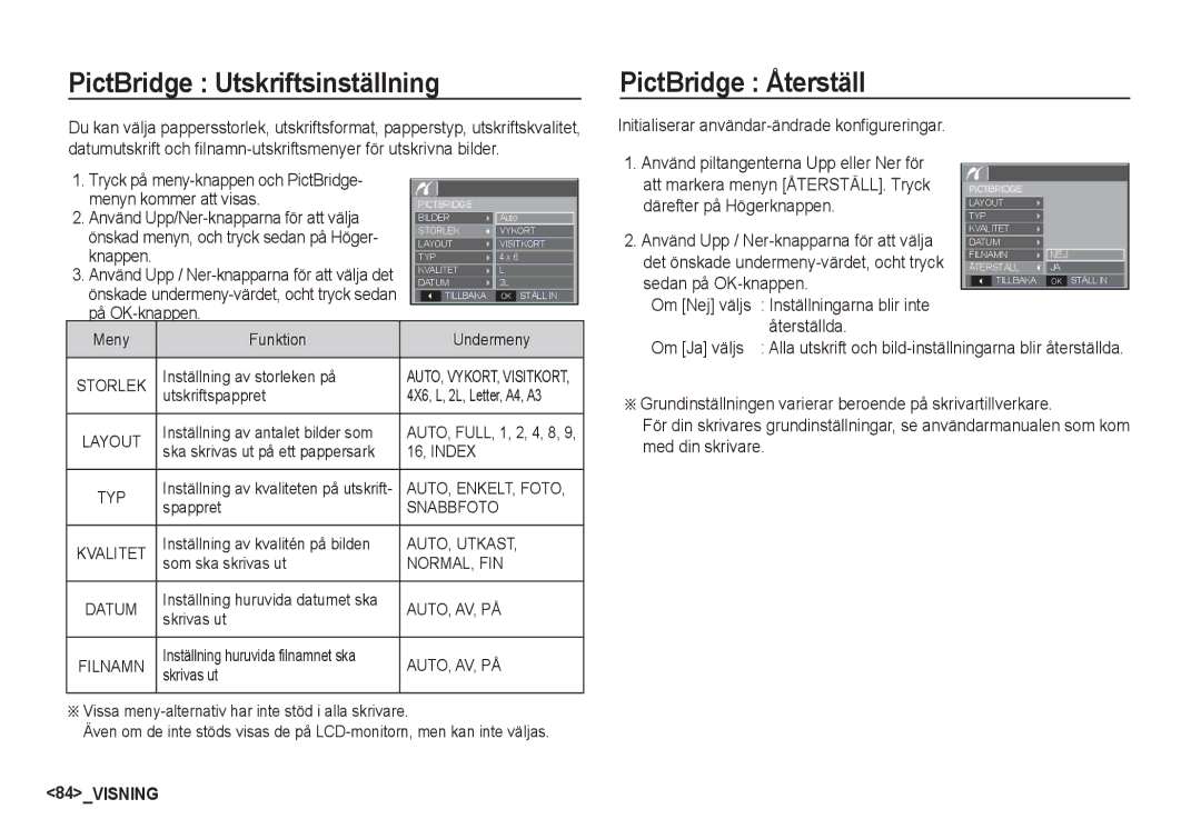 Samsung EC-S85ZZSBA/E2 manual PictBridge Utskriftsinställning, PictBridge Återställ, Därefter på Högerknappen, Återställda 