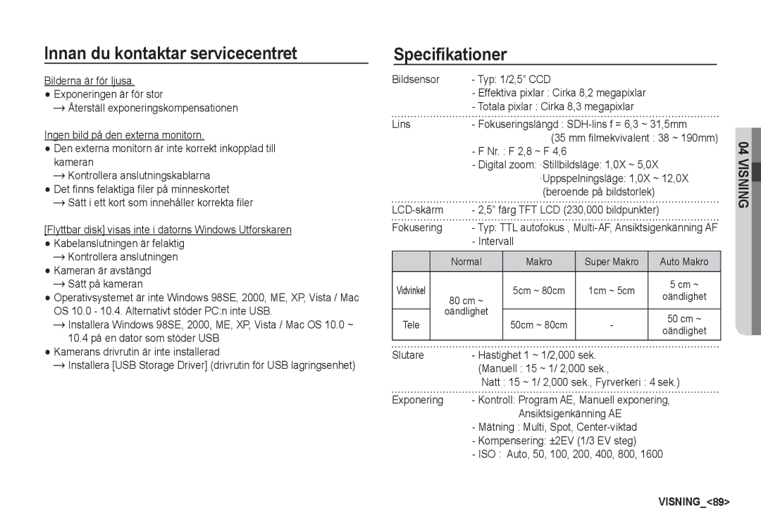 Samsung EC-S85ZZBBA/E2, EC-S85ZZSBA/E2 manual Specifikationer 