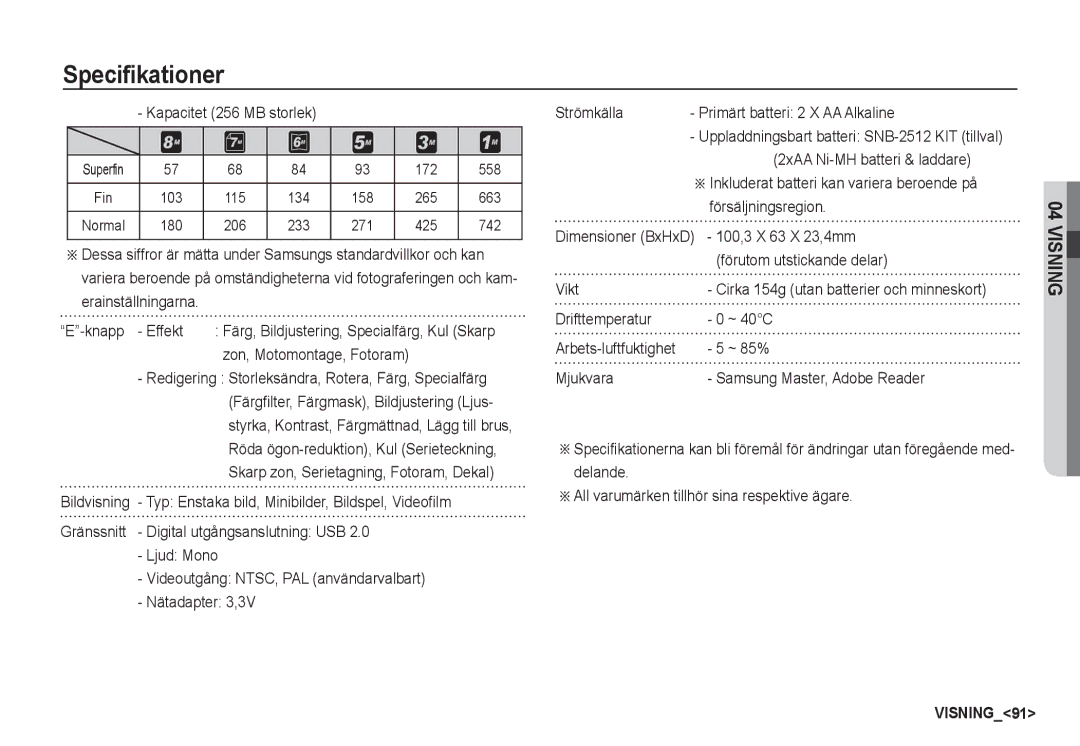 Samsung EC-S85ZZBBA/E2 manual Kapacitet 256 MB storlek, Zon, Motomontage, Fotoram, Försäljningsregion, Vikt, ~ 85% 