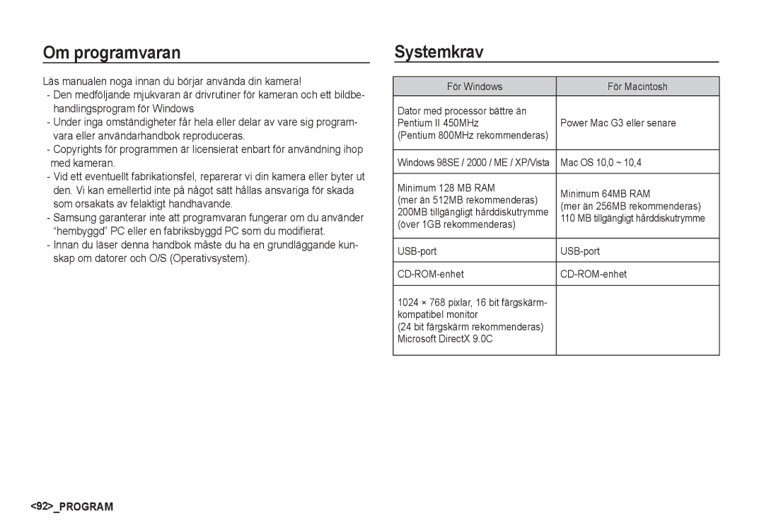 Samsung EC-S85ZZSBA/E2, EC-S85ZZBBA/E2 manual Om programvaran, Systemkrav 