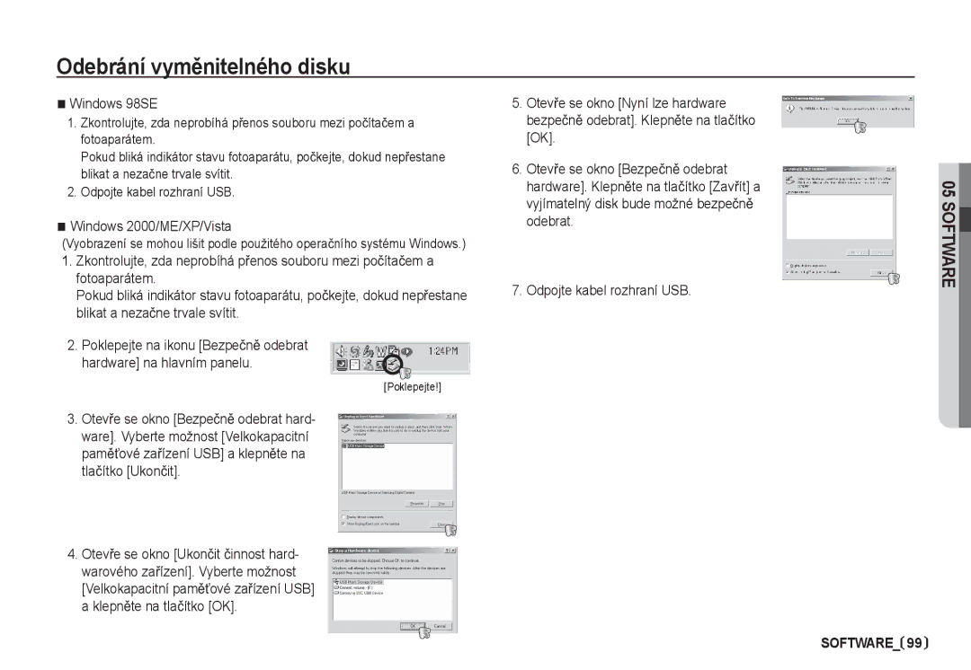 Samsung EC-S85ZZBDA/DE, EC-S85ZZSBA/DE manual Odebrání vymČnitelného disku, Windows 98SE, Windows 2000/ME/XP/Vista 