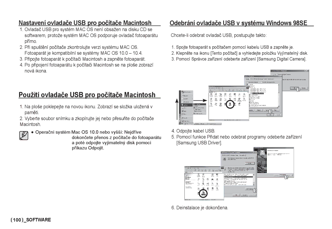 Samsung EC-S85ZZSBA/DE Nastavení ovladaþe USB pro poþítaþe Macintosh, Chcete-li odebrat ovladaþ USB, postupujte takto 