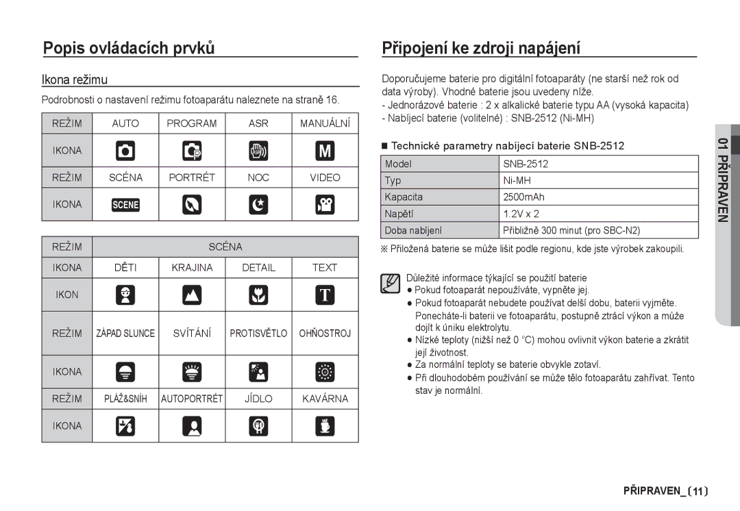 Samsung EC-S85ZZBDA/DE, EC-S85ZZSBA/DE manual PĜipojení ke zdroji napájení, Ikona režimu, DċTI 