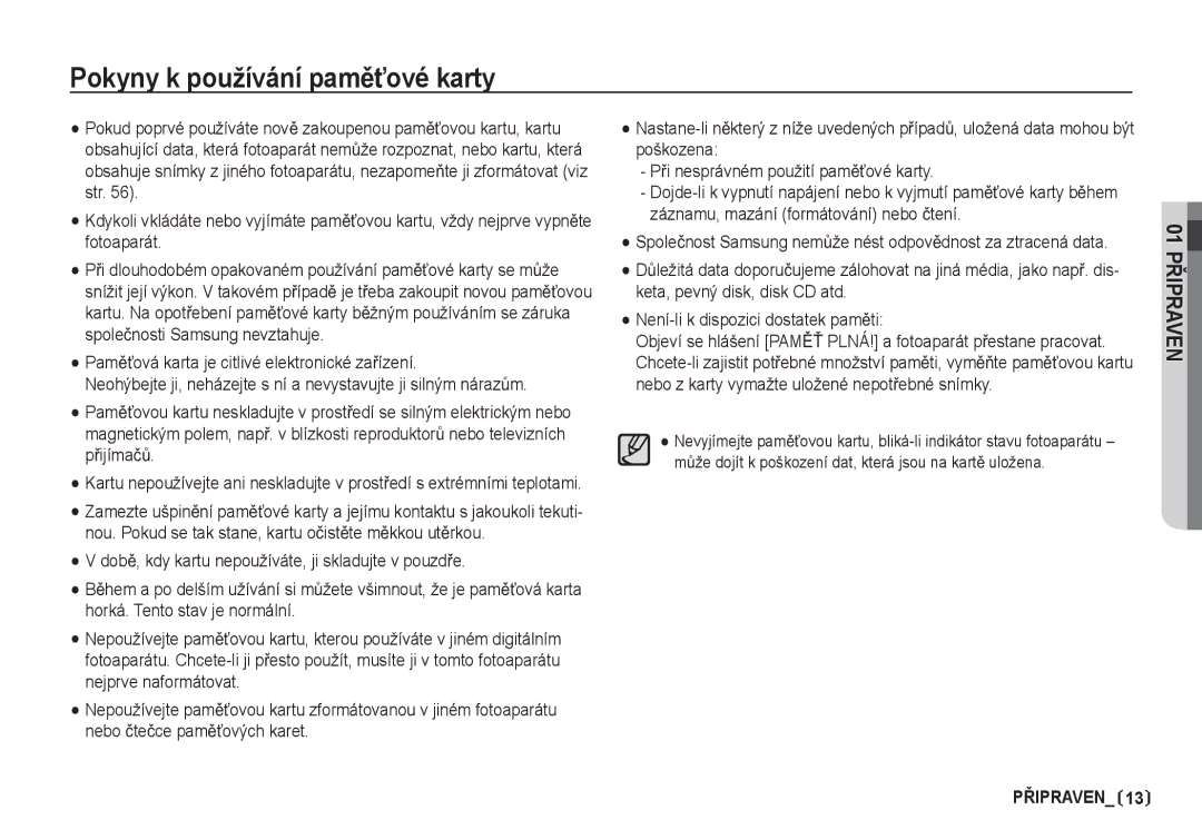 Samsung EC-S85ZZBDA/DE, EC-S85ZZSBA/DE manual Pokyny k používání pamČĢové karty 