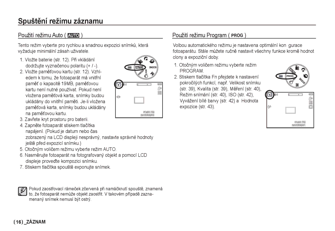 Samsung EC-S85ZZSBA/DE, EC-S85ZZBDA/DE manual SpuštČní režimu záznamu, Použití režimu Auto μ, Použití režimu Program ¶ 