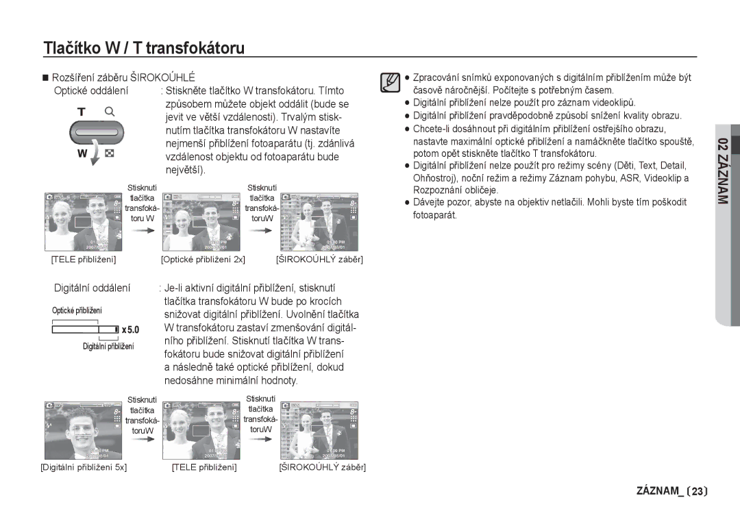 Samsung EC-S85ZZBDA/DE, EC-S85ZZSBA/DE manual RozšíĜení zábČru Širokoúhlé Optické oddálení, NejvČtší, Digitální oddálení 