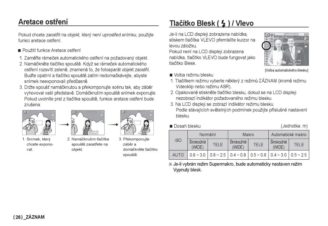 Samsung EC-S85ZZSBA/DE, EC-S85ZZBDA/DE manual Aretace ostĜení, Tlaþítko Blesk / Vlevo 