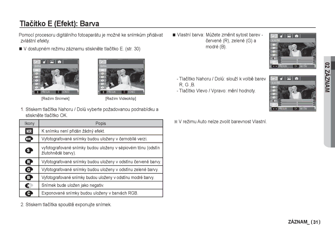 Samsung EC-S85ZZBDA/DE, EC-S85ZZSBA/DE manual Tlaþítko E Efekt Barva, ŽlutohnČdé barvy 