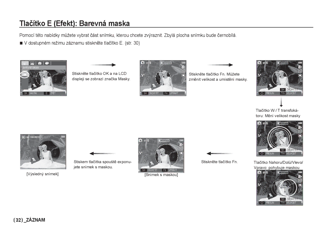 Samsung EC-S85ZZSBA/DE, EC-S85ZZBDA/DE manual Tlaþítko E Efekt Barevná maska 