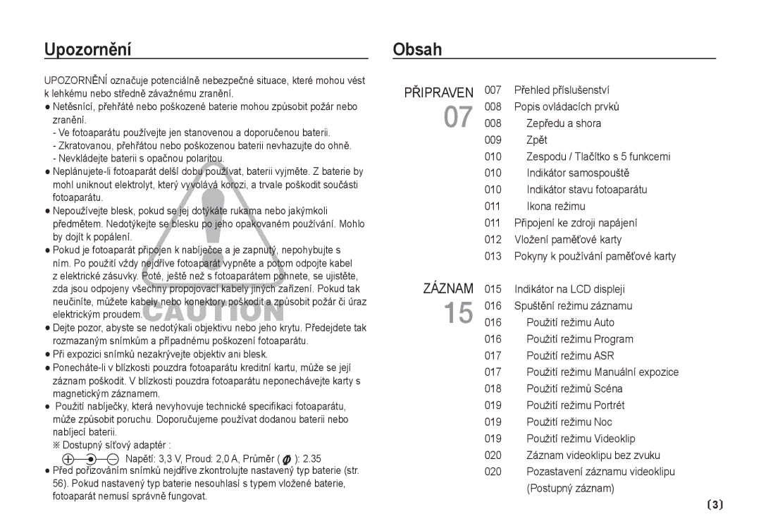 Samsung EC-S85ZZBDA/DE, EC-S85ZZSBA/DE manual UpozornČní, Obsah, Postupný záznam, Záznam videoklipu bez zvuku 