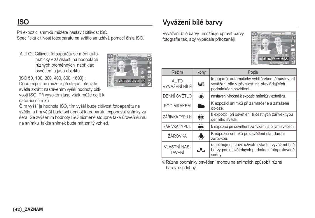 Samsung EC-S85ZZSBA/DE Vyvážení bílé barvy, PĜi expozici snímkĤ mĤžete nastavit citlivost ISO, ISO 50, 100, 200, 400, 800 