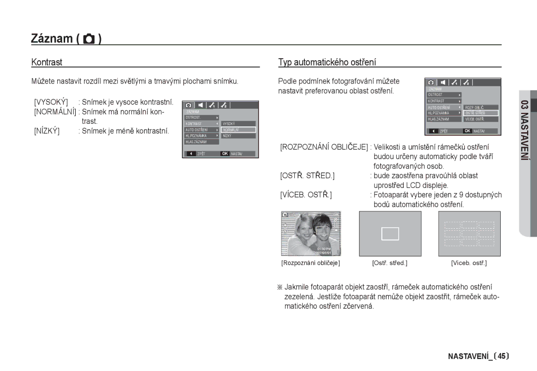 Samsung EC-S85ZZBDA/DE, EC-S85ZZSBA/DE manual Kontrast Typ automatického ostĜení, Vysoký, Nízký 