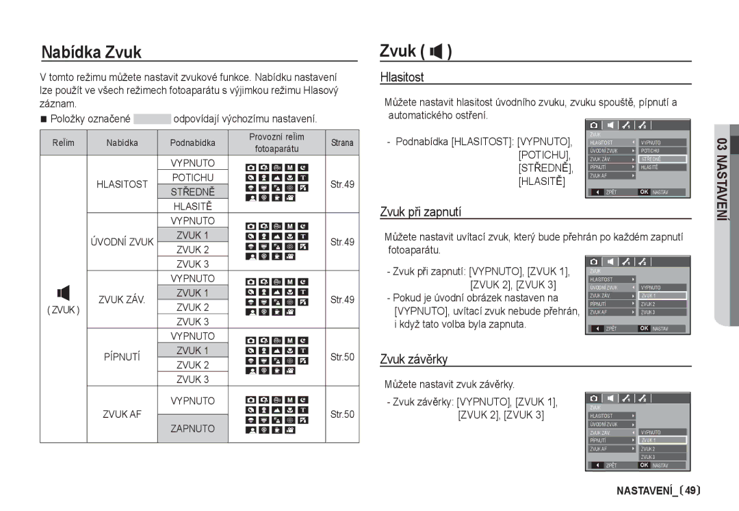 Samsung EC-S85ZZBDA/DE, EC-S85ZZSBA/DE manual Nabídka Zvuk Zvuk Ó, Hlasitost, Zvuk pĜi zapnutí, Zvuk závČrky, Potichu 