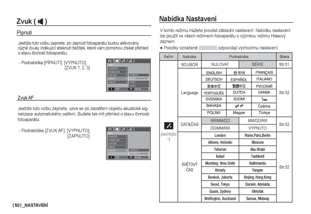 Samsung EC-S85ZZSBA/DE, EC-S85ZZBDA/DE manual Nabídka Nastavení, Pípnutí 