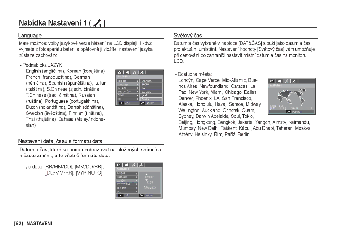 Samsung EC-S85ZZSBA/DE, EC-S85ZZBDA/DE manual Language, SvČtový þas, Nastavení data, þasu a formátu data 