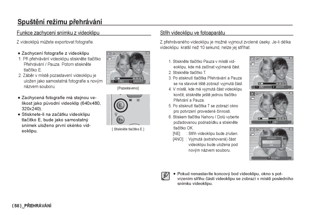 Samsung EC-S85ZZSBA/DE manual Funkce zachycení snímku z videoklipu, StĜih videoklipu ve fotoaparátu, StisknČte tlaþítko T 