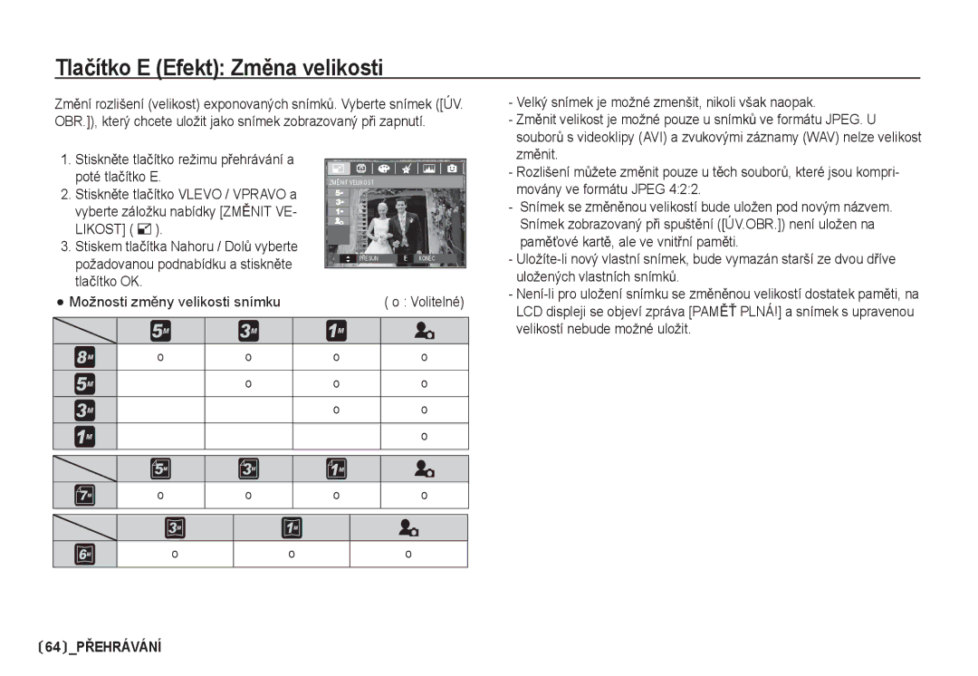 Samsung EC-S85ZZSBA/DE, EC-S85ZZBDA/DE manual Tlaþítko E Efekt ZmČna velikosti 