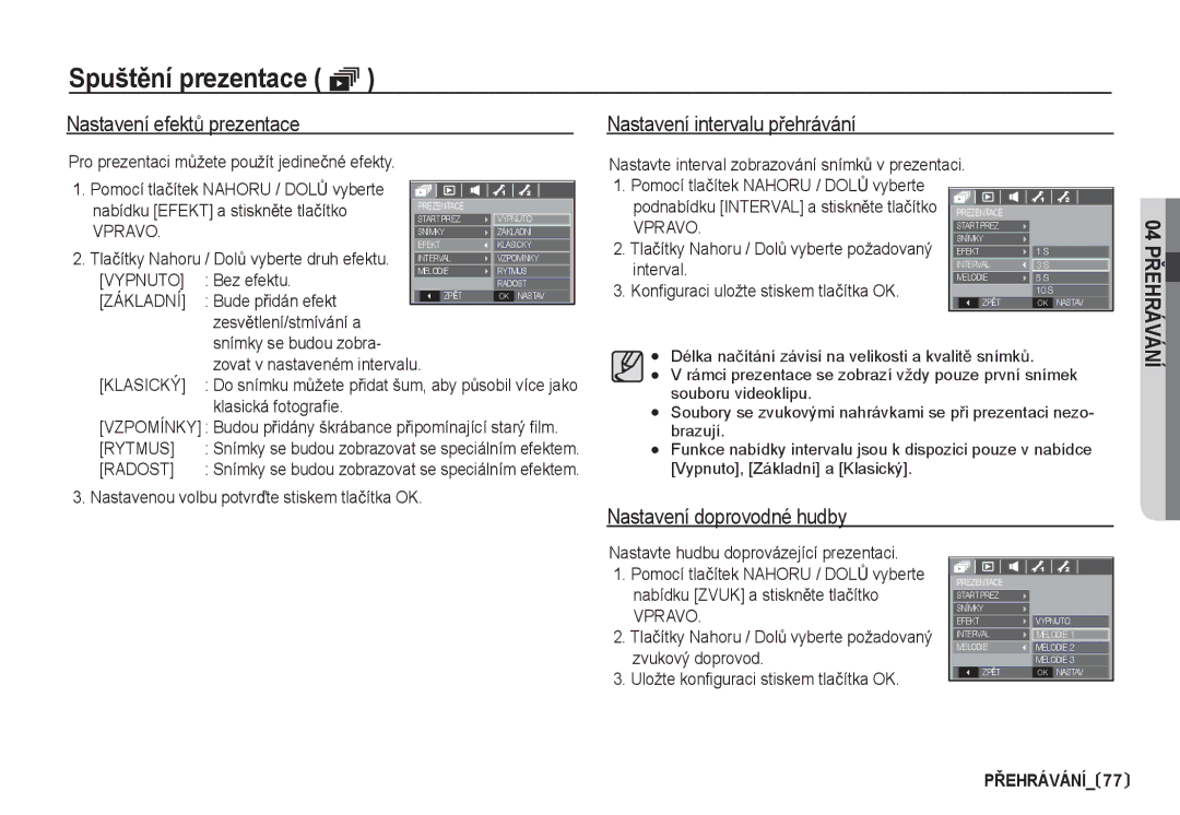 Samsung EC-S85ZZBDA/DE manual Nastavení efektĤ prezentace, Nastavení intervalu pĜehrávání, Nastavení doprovodné hudby 