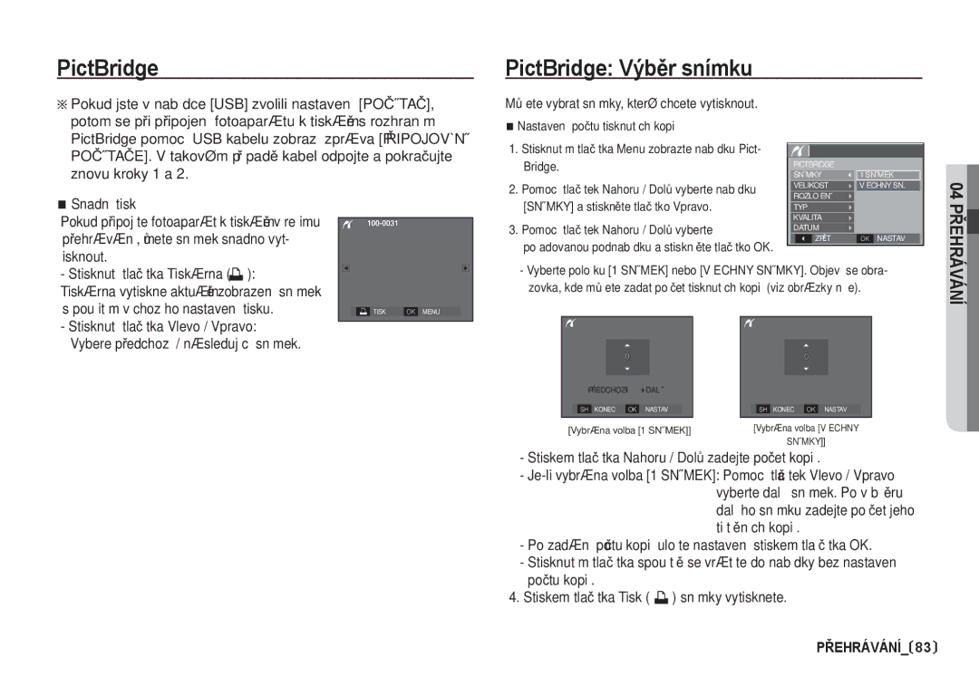 Samsung EC-S85ZZBDA/DE, EC-S85ZZSBA/DE manual PictBridge VýbČr snímku 