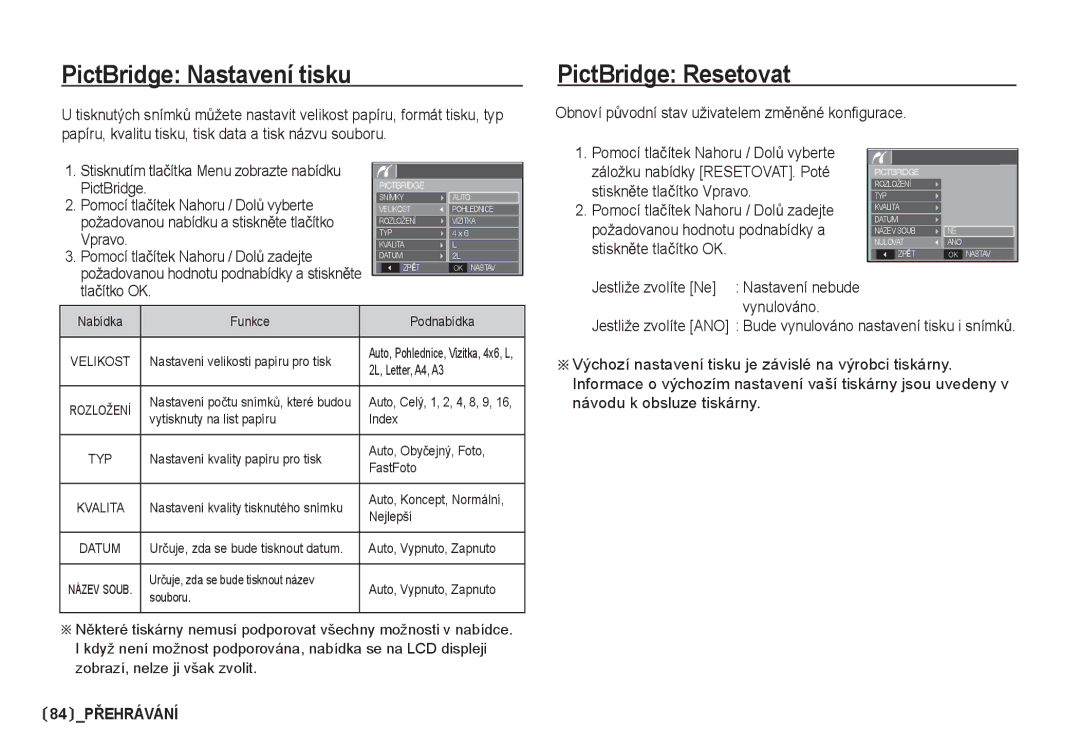 Samsung EC-S85ZZSBA/DE manual PictBridge Nastavení tisku, PictBridge Resetovat, Pomocí tlaþítek Nahoru / DolĤ zadejte 