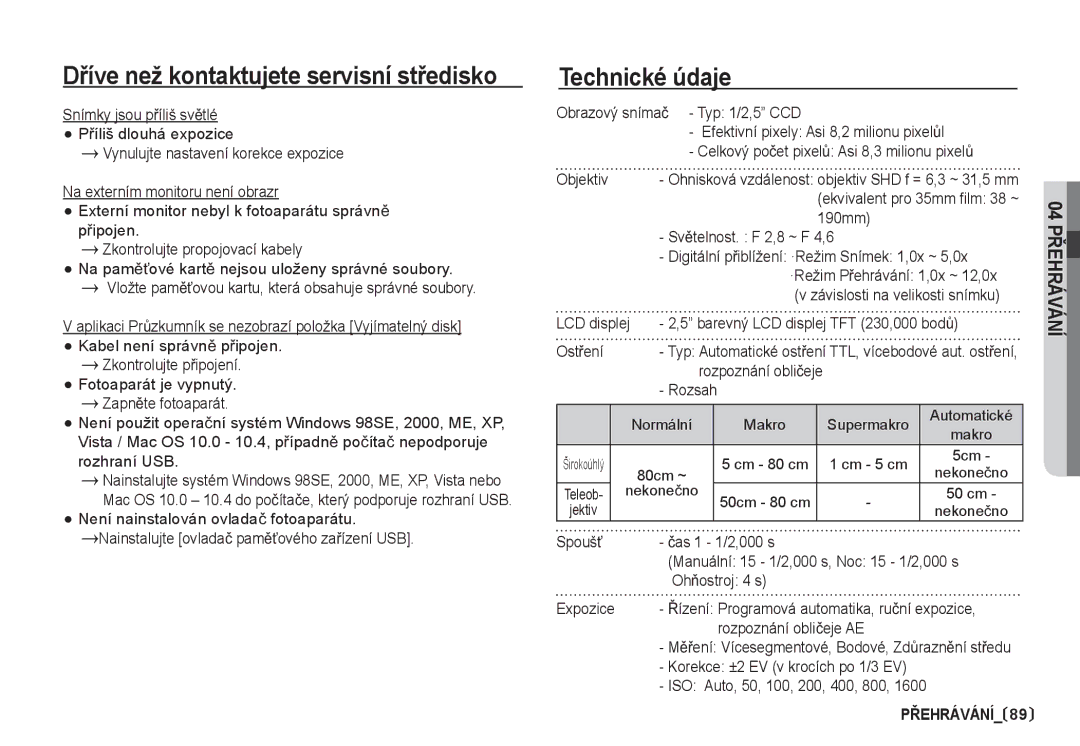 Samsung EC-S85ZZBDA/DE, EC-S85ZZSBA/DE manual Technické údaje 