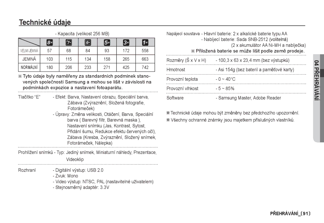 Samsung EC-S85ZZBDA/DE manual Kapacita velikost 256 MB, Tlaþítko E, Fotorámeþek, Barva Barevný filtr, Barevná maska 