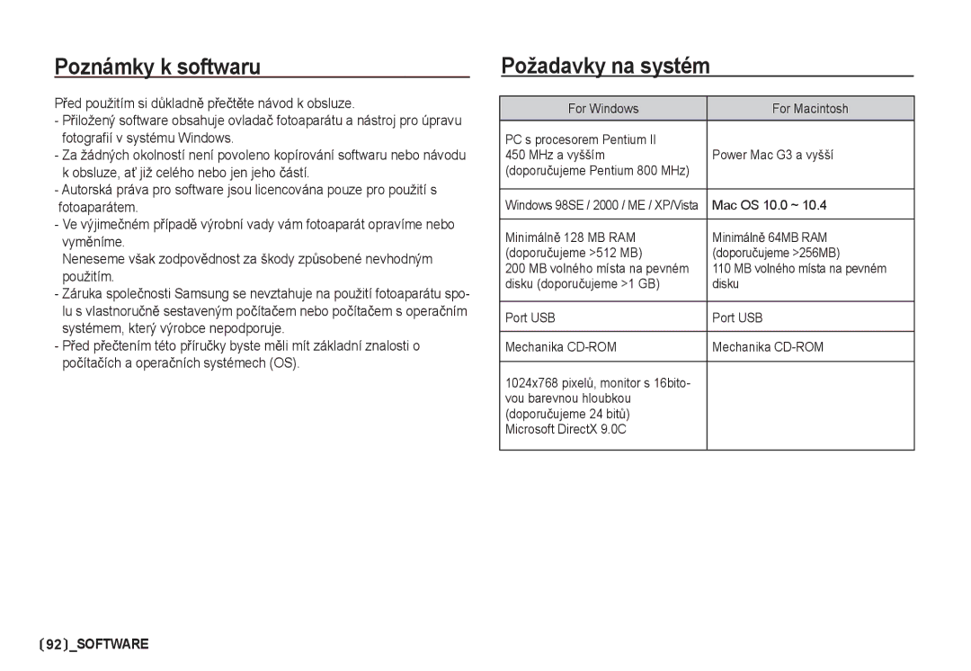 Samsung EC-S85ZZSBA/DE, EC-S85ZZBDA/DE manual Poznámky k softwaru, Požadavky na systém, Mac OS 10.0 ~ 