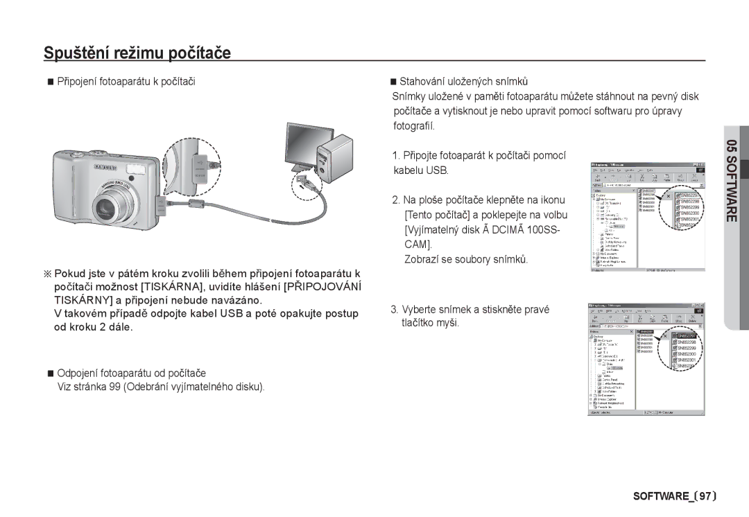 Samsung EC-S85ZZBDA/DE, EC-S85ZZSBA/DE manual PĜipojení fotoaparátu k poþítaþi 