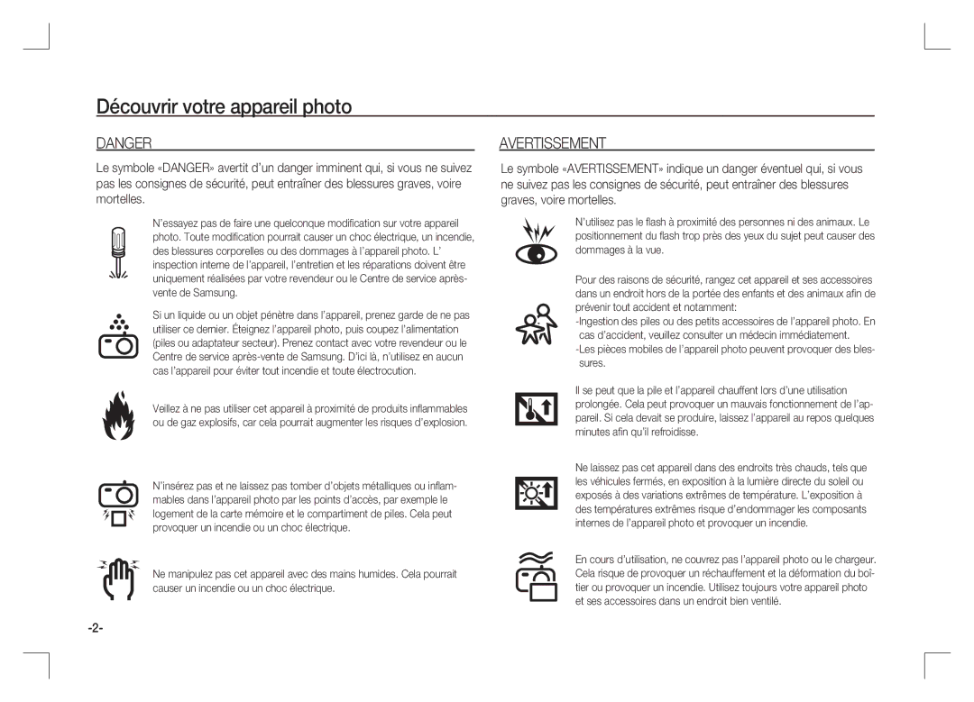 Samsung EC-S85ZZSAA, EC-S85ZZPAA, EC-S85ZZBAA manual Avertissement 