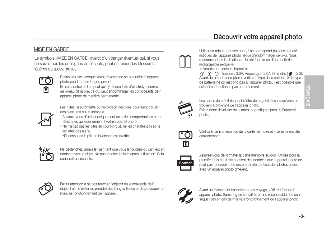 Samsung EC-S85ZZBAA, EC-S85ZZPAA, EC-S85ZZSAA manual Adaptateur secteur disponible, Trouvent à proximité de l’appareil photo 