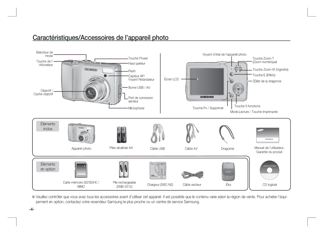 Samsung EC-S85ZZPAA, EC-S85ZZSAA Caractéristiques/Accessoires de l’appareil photo, Éléments Inclus, Éléments en option 