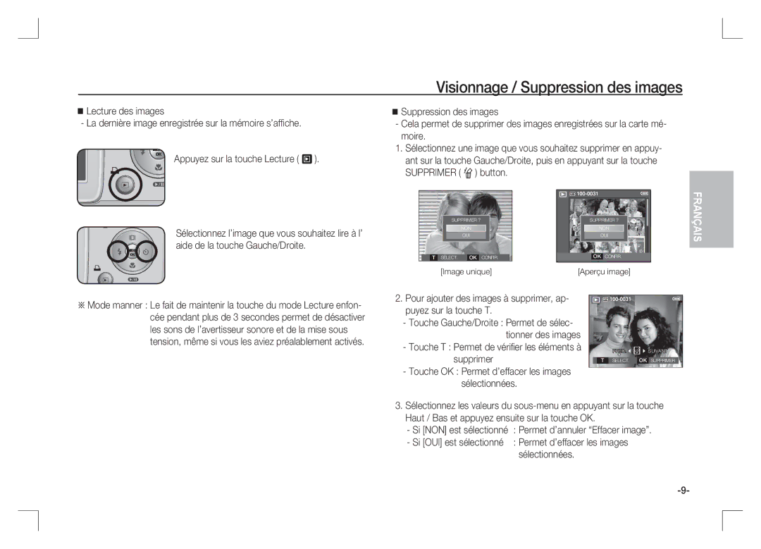 Samsung EC-S85ZZBAA, EC-S85ZZPAA Visionnage / Suppression des images, Touche T Permet de vériﬁ er les éléments à supprimer 