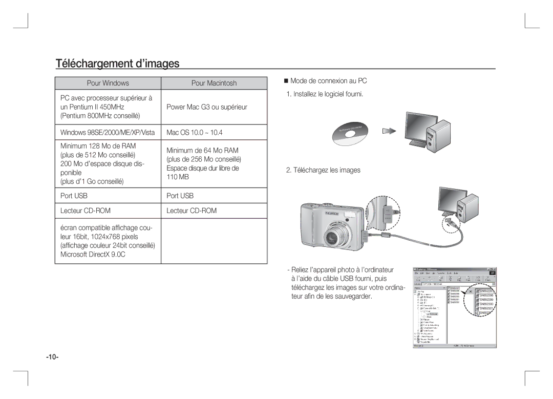 Samsung EC-S85ZZPAA manual Téléchargement d’images, Pour Windows Pour Macintosh, Mac OS 10.0 ~, Leur 16bit, 1024x768 pixels 