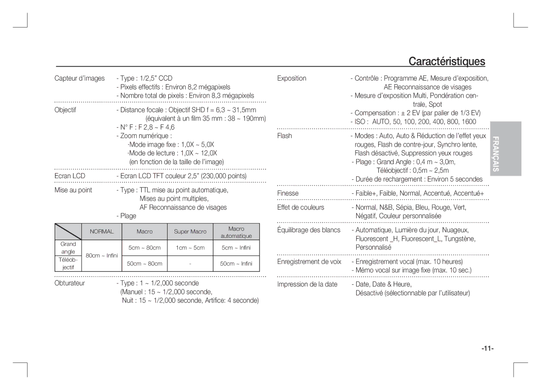 Samsung EC-S85ZZSAA, EC-S85ZZPAA, EC-S85ZZBAA manual Caractéristiques 