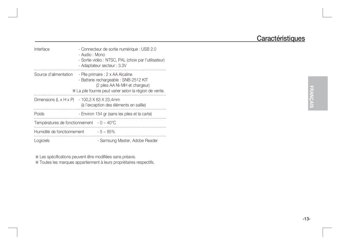 Samsung EC-S85ZZPAA Interface, Adaptateur secteur, Source d’alimentation Pile primaire 2 x AA Alcaline, Poids, Logiciels 