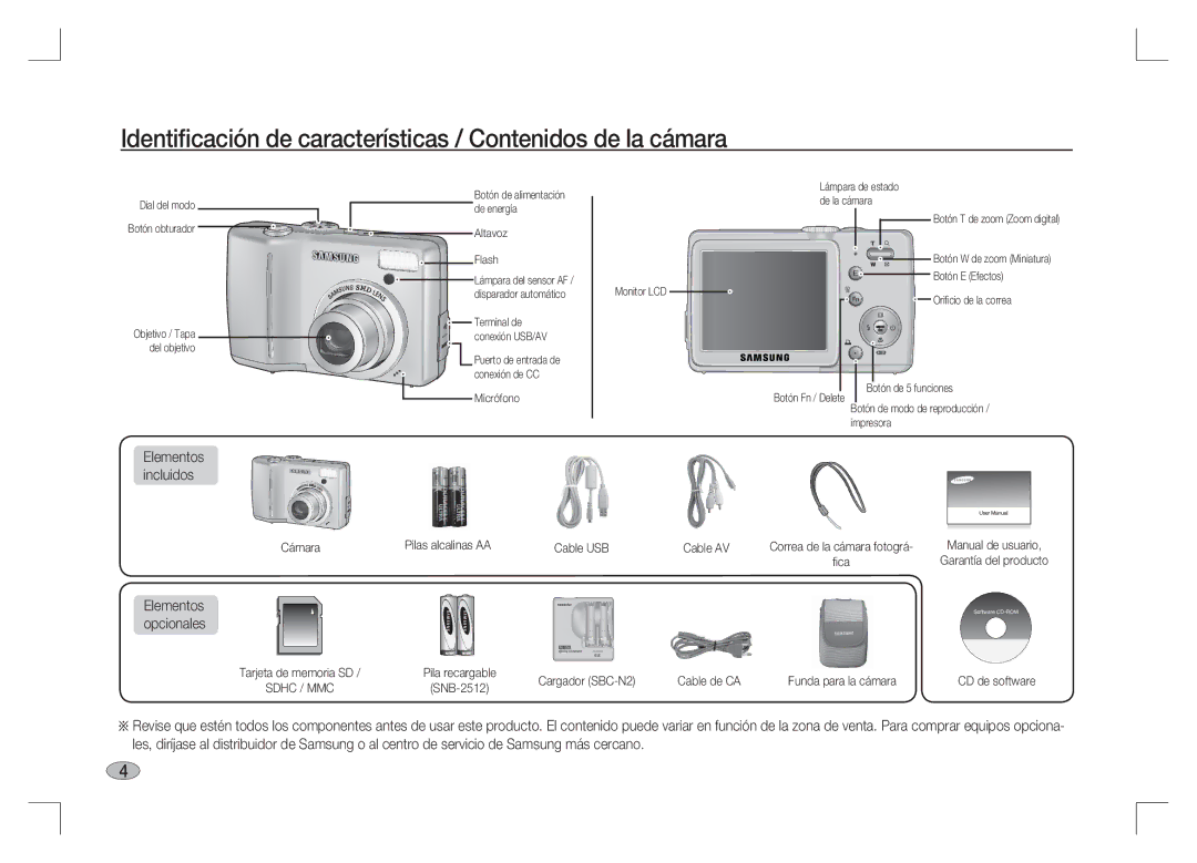 Samsung EC-S85ZZSAA, EC-S85ZZPAA manual Identiﬁcación de características / Contenidos de la cámara, Elementos opcionales 