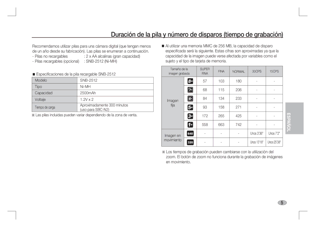 Samsung EC-S85ZZBAA Pilas no recargables AA alcalinas gran capacidad, Especiﬁ caciones de la pila recargable SNB-2512 