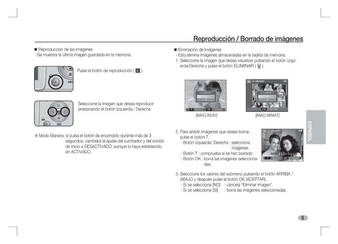 Samsung EC-S85ZZPAA manual Reproducción / Borrado de imágenes, Para añadir imágenes que desee borrar, pulse el botón T 