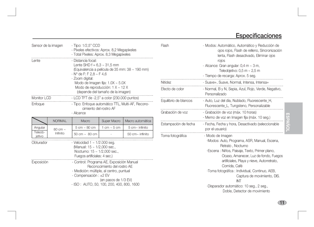 Samsung EC-S85ZZBAA, EC-S85ZZPAA, EC-S85ZZSAA manual Especiﬁcaciones 