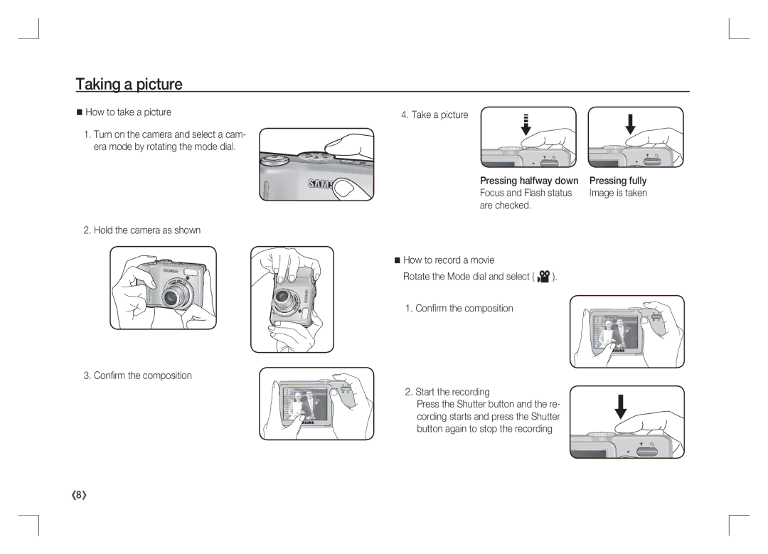 Samsung EC-S85ZZPAA Taking a picture, How to take a picture, Focus and Flash status, Button again to stop the recording 