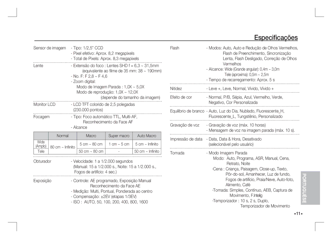 Samsung EC-S85ZZPAA, EC-S85ZZSAA, EC-S85ZZBAA manual Especiﬁcações 