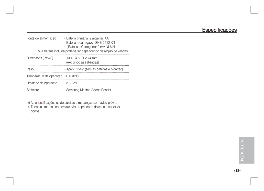 Samsung EC-S85ZZBAA, EC-S85ZZPAA, EC-S85ZZSAA manual Fonte de alimentação, Umidade de operação 