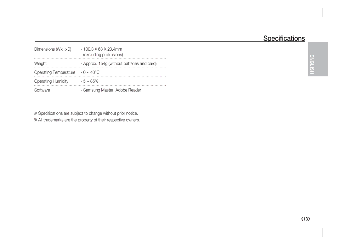 Samsung EC-S85ZZBAA, EC-S85ZZPAA, EC-S85ZZSAA manual ~ 40C, Operating Temperature 