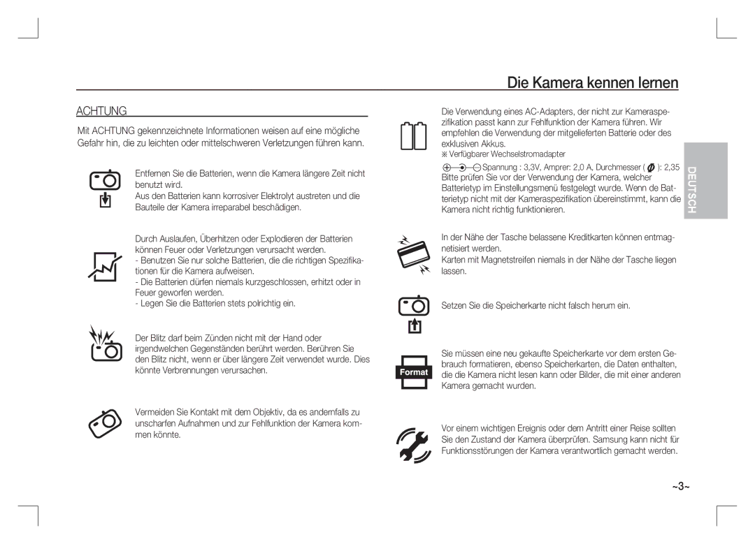 Samsung EC-S85ZZBAA, EC-S85ZZPAA, EC-S85ZZSAA manual Achtung 