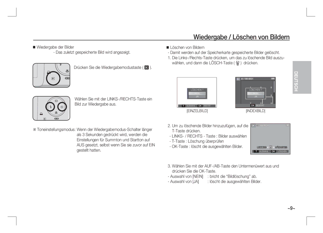 Samsung EC-S85ZZBAA, EC-S85ZZPAA, EC-S85ZZSAA Wiedergabe / Löschen von Bildern, Taste Löschung überprüfen, Auswahl von JA 